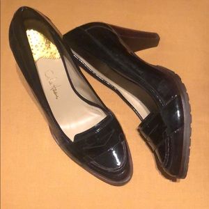 Patent Leather Burgundy Penny Loafer Heel Pumps